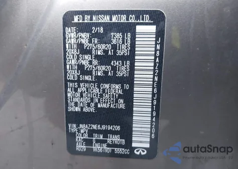 2018 Infiniti Qx80 z USA, uszkodzony, nr VIN JN8AZ2NE6J9194206